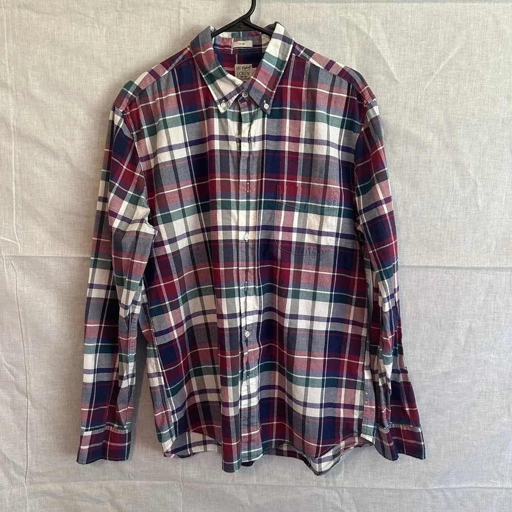 J.Crew Shirt Slim Fit Plaid BG421 Large Red Blue Cotton Button Down Excellent
